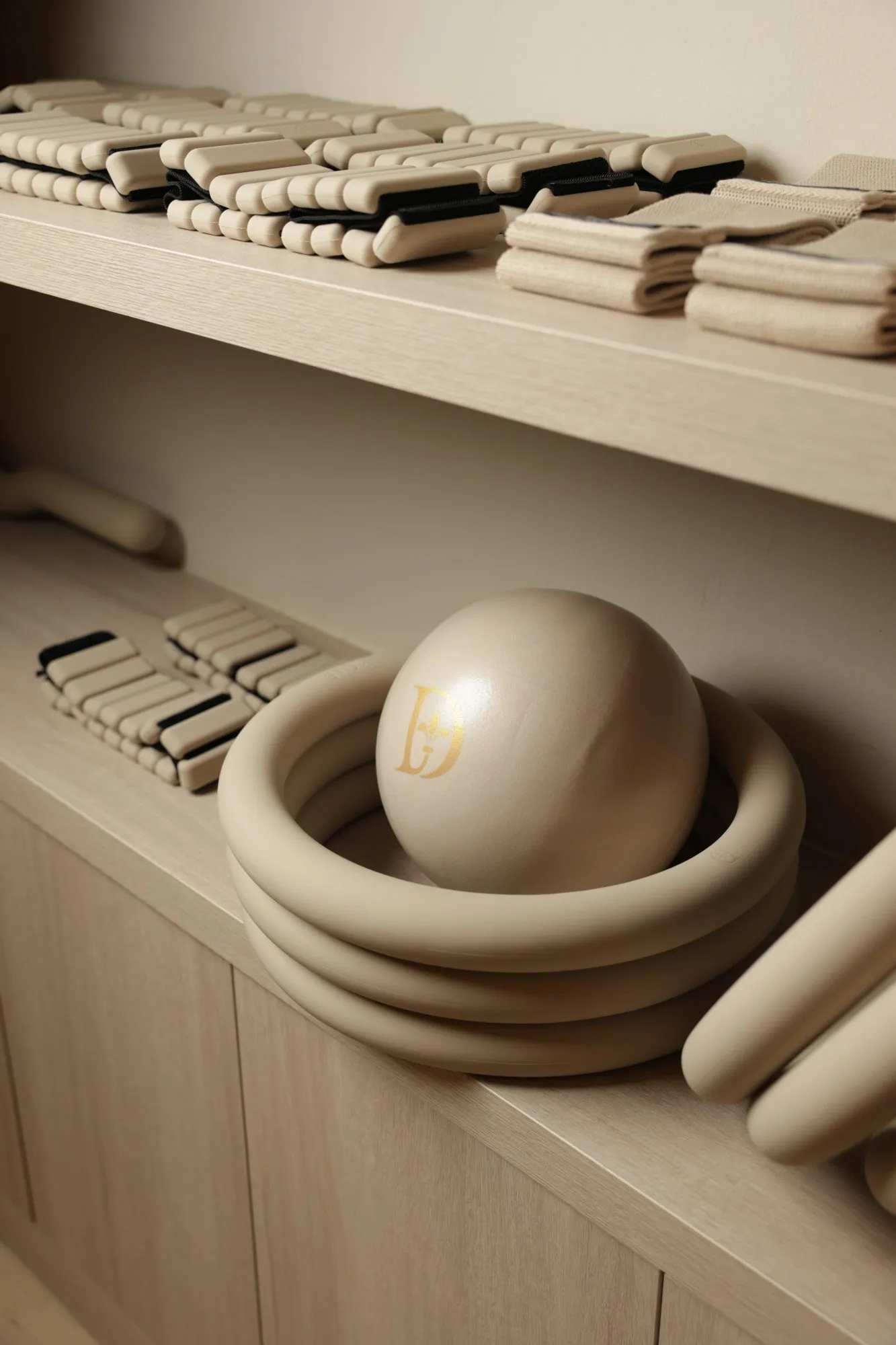 A Pilates ball with the Dermabless monogram resting on rings in the studio.